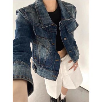 NOAYTOK 美式復古做舊拼接水洗修身辣妹牛仔外套外套女