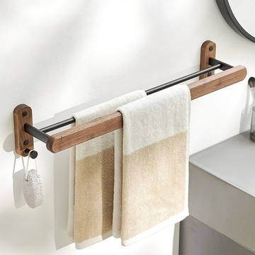 【好物良品】浴室防水防鏽原木單層毛巾掛架深胡桃木＋黑色 60x14x12cm