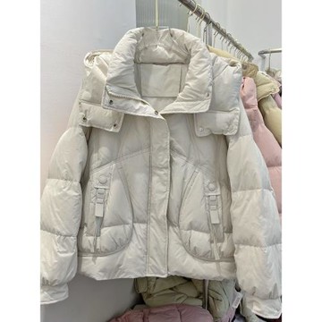 2024冬裝新款設計感寬松韓版時尚連帽短款羽絨服女百搭白鴨絨外套