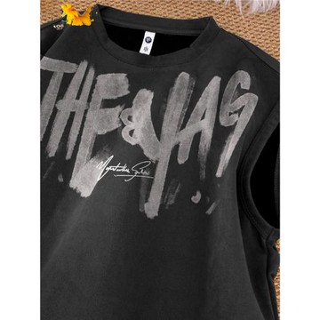 美式街頭涂鴉麂皮絨背心男夏季潮牌健身運動坎肩寬松大碼無袖T恤