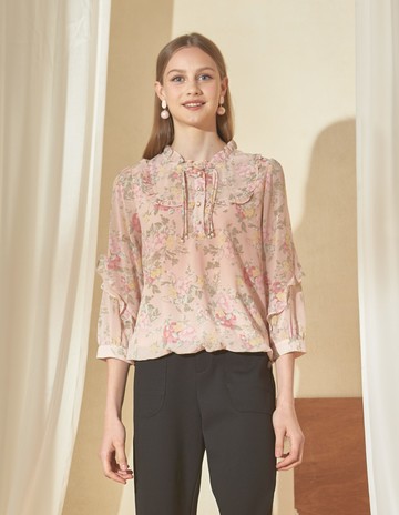 ★【喜芝梅】田園花影 復古風格清新碎花荷葉邊領口浪漫上衣(粉色；M-3L) 224470158