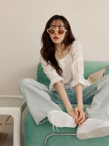 純棉碎花方領鬆緊收腰七分袖上衣