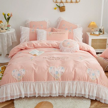 公主風床上四件套夏季純棉100全棉被套床單三件套可愛女兒房粉色4
