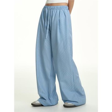 TGNS海島度假風藍色條紋長褲女早秋休閑山本褲男寬松慵懶闊腿褲子