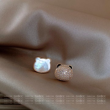 原創設計貝殼熊貓不對稱小巧耳釘2021年新款潮小眾耳環女個性耳飾