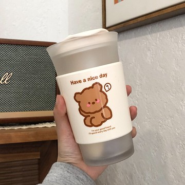 ins風可愛磨砂水杯女玻璃杯少女便攜牛奶早餐杯子家用帶蓋大容量