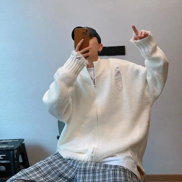 【二十三歲-男裝外套】臺灣出貨慵懶風破洞毛衣開衫外套潮牌歐美街頭cleanfit拉鍊老錢風針織衫男