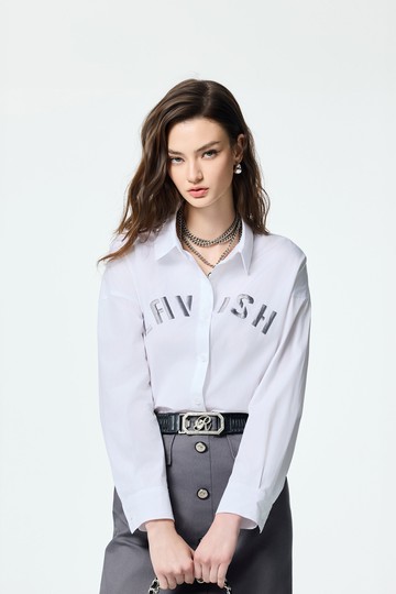 丁香灰刺繡長版襯衫