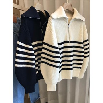 半拉鏈翻領條紋針織衫女秋冬季加厚高級感超好看軟糯毛衣內搭上衣