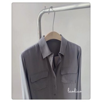 新色高ji水泥灰翻領顯白真絲襯衫寬松慵懶風桑蠶絲口袋襯衣通勤