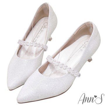Ann’S韓系小甜蜜-可拆式珍珠鍊帶兩穿電鍍低跟尖頭婚鞋5cm-白