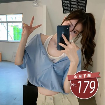 【台灣發貨】韓版設計感假兩件小眾寬鬆短款上衣 衣服 女裝 t恤 短袖t恤 上衣【T388】