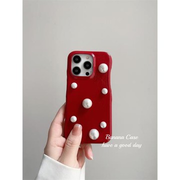 BananaCase高級感新年紅復古立體珍珠適用iPhone13蘋果15promax手機殼16pro半包硬殼17pro油蠟皮質14保護套16