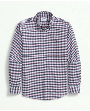 Brooks Brothers Men's Stretch Non-Iron Oxford Polo Button-Down Collar, Gingham Shirt | Navy | Size XS