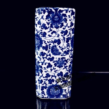 古玩 景德鎮青花瓷筆筒 花插水培插富貴竹轉運竹陶瓷器纏枝蓮筆筒