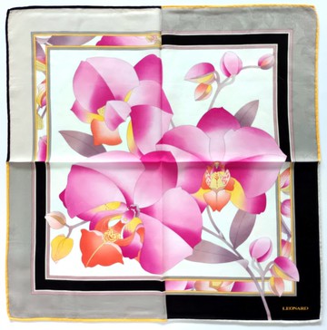 Leonard 古董絲巾 – 蘭花盛開 花卉邊框 20 x 20 英吋