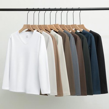 白色t恤男長袖秋冬潮流V領純色上衣服加絨加厚內搭打底衫保暖小衫