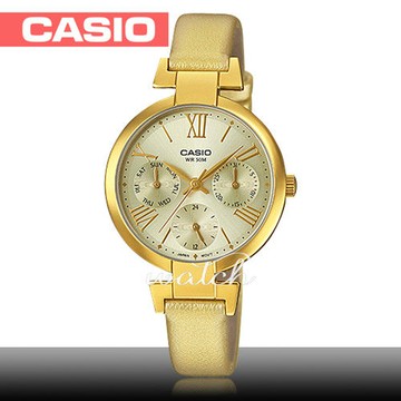 【CASIO 卡西歐】送禮首選 燦金時尚 皮革三眼石英女錶(LTP-E404GL)