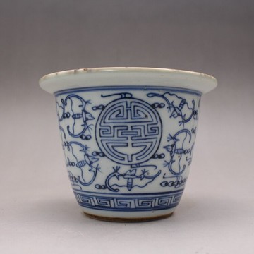 晚清民窯青花手繪福壽紋小花紋筆筒古玩古董老貨陶瓷器民間收藏品