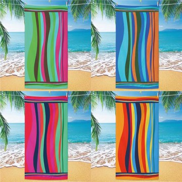 2025跨境外貿新款條紋超細纖維沙灘巾數碼高清印花大號沙灘浴巾