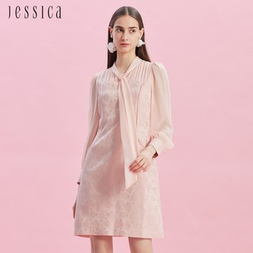 JESSICA - 優雅飄帶雪紡拼接長袖洋裝J43701