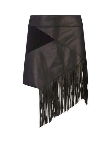 Roberto Cavalli Black Leather Mini Skirt With Fringes