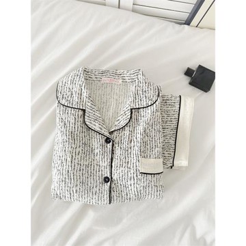 高級感條紋帶胸墊睡衣女夏款天絲棉短袖短褲女士防凸點家居服套裝