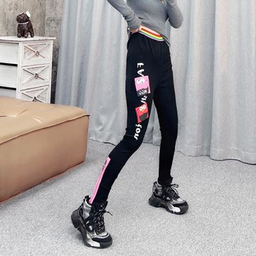 潮牌小腳褲女2024年秋季新款彩虹腰彈力公仔拉鏈裝飾薄款鉛筆褲子