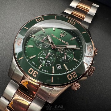 MASERATI手錶,編號R8873600004,44mm金綠色圓形精鋼錶殼,墨綠色三眼, 潛水錶, 中三針顯示, 水鬼錶面,金銀相間精鋼錶帶款,氣勢磅礡!