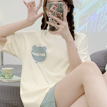 睡衣 帶胸墊 短袖短褲 兩件套 大碼睡衣 家居服 卡通涼爽睡衣 可外穿 休閒 甜美少女 寬鬆睡衣 睡衣套裝