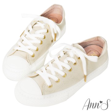 Ann’S黑科技-弄不髒防潑水綁帶金釦帆布鞋-米