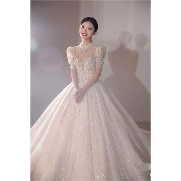 主婚紗禮服2025新款新娘重工奢華大拖尾短袖高級質感主紗一字肩