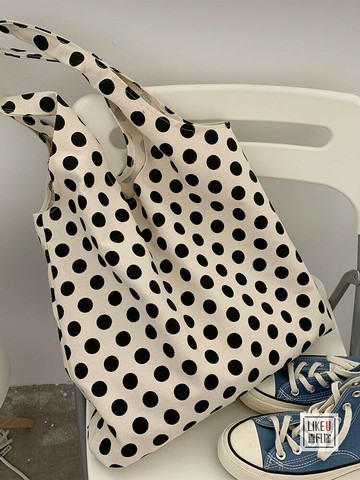 原創大容量圓點慵懶風ins自製文藝手拎單肩包環保購物袋帆布包女【步行者戶外生活館】