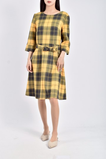 (S) 原創草堂質感羊毛七分格紋黃色洋裝