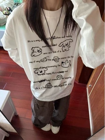 打底衫早秋長袖t卹女可愛印花美式寬鬆薄款白色內搭純棉上衣