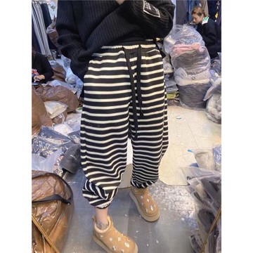 歐貨條紋四季網紅爆款黑白條九分束腳哈倫褲女寬松小個子休閑褲子