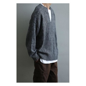 冬季灰色高級感寬鬆休閒慵懶百搭針織上衣男韓版素色v領毛衣男