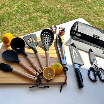 【仙德曼SADOMAIN】露營餐廚五金９件組（附收納網袋）黑 WG001