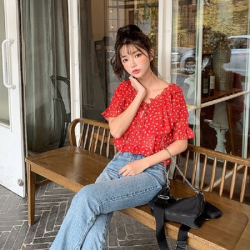 雪紡上衣 氣質繫帶碎花短袖雪紡衫RE7149-創翊韓都