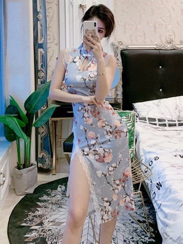 格格家 夏季名媛性感夜場修身花色改良式中長開叉蕾絲旗袍連衣裙