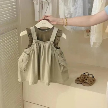 搭配0煩惱~女童工裝背帶裙套裝夏裝新款韓版兒童兩件套洋裝夏季休閒 韓版套裝 兒童套裝 女童短袖短裙兩件套 休閒套裝