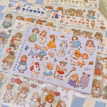 🍋檸檬青🍋 台灣現貨洋娃娃系列卡通人物貼紙6款6張入和紙+PET兩種材質切膜無需自行剪裁貼紙手帳裝飾素材