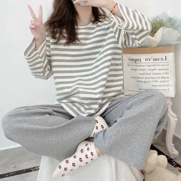 2024年新款睡衣女春秋季棉質長袖家居服條紋甜美青少年可外穿套裝