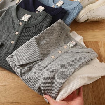 純棉華夫格！美式復古亨利衫長袖T恤休閑純色百搭外貿四季打底衫