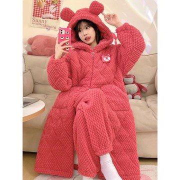 連帽睡袍冬季2023年新款三層夾棉珊瑚絨睡衣女家居服套裝加絨加厚