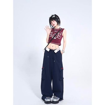 11SH97 美式復古工裝休閑褲女春季高腰翻邊寬松闊腿直筒衛褲長褲