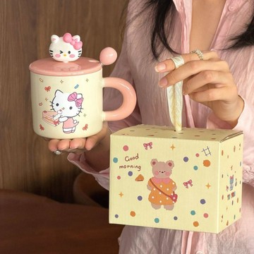 【臺灣-出貨】少女小貓ins可愛kt陶瓷杯水杯帶蓋情侶馬克杯高顏值生日禮物女生HIAGU3