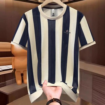夏季圓領輕奢歐版刺繡豎條紋鏤空短袖t恤男士青年修身薄款冰絲T袖