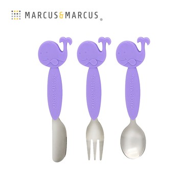 MARCUS＆MARCUS　動物樂園不鏽鋼刀叉匙三件組-紫鯨魚