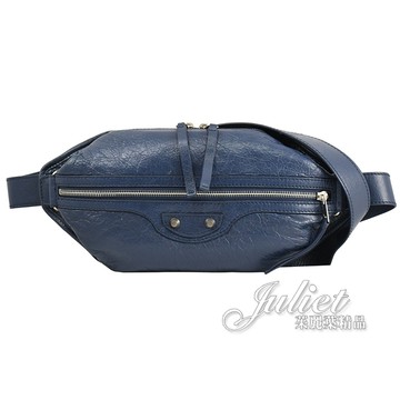 茱麗葉精品【全新現貨】BALENCIAGA 巴黎世家542013 霧銀鉚釘小羊皮三用胸口/腰包.海軍藍